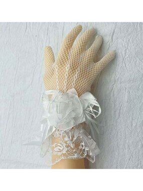 Tigerstars White Dressy Floral Bow Wrist Accent Lace Gloves